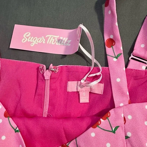 Sugar Thrillz Cherry Munroe Mini Dress Pink Cherry Print BNWT Small Dollskill - Picture 3 of 10